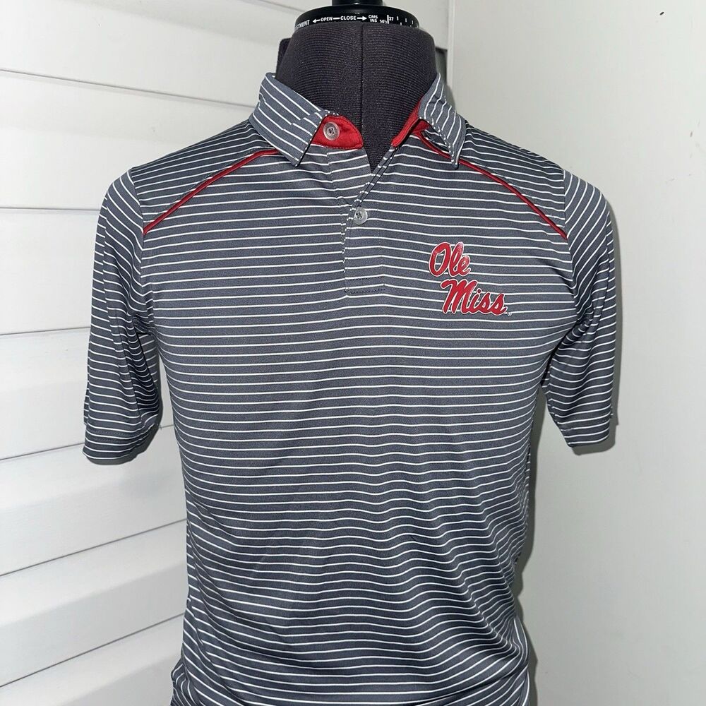 Vintage Russell Athletic Ole Miss Rebels Polo Shirt Men’s S Gray White Stripes